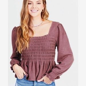 Altar’d State Sophie Smocked Thermal Long Sleeve Blouse Peplum Top